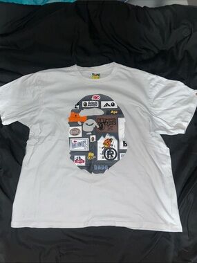 Bape White Tee with Multicolor Ape Head Collage Graphic